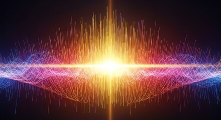 Explosion of vibrant colors and light particles emanating from a central bright core in a dark abstract space