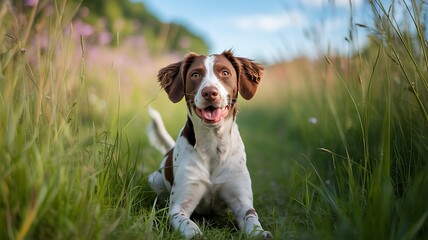 A cheerful brown and white dog rests joyfully in a vibrant green field amidst wildflowers, bathed in natural light.