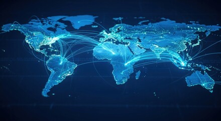 A world map with glowing connections representing global communication and connectivity.