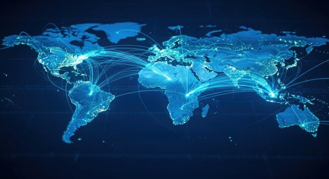 A world map with glowing connections representing global communication and connectivity.