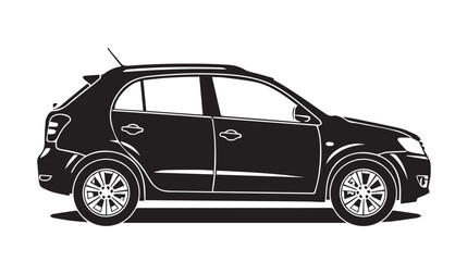 Obraz premium Detailed black and white illustration of a modern compact hatchback car viewed from the side on a white background