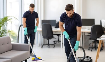 clean office, professional team of window and floor cleaning service workers in dark navy polo shirts and pastel teal gloves vacuuming white floors