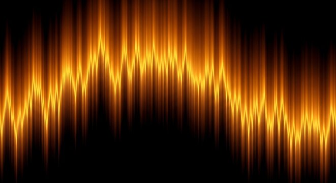 Abstract glowing orange and yellow sound wave pattern with dark background