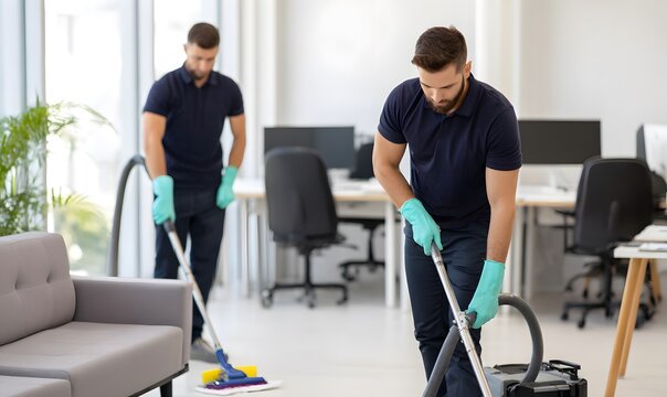 clean office, professional team of window and floor cleaning service workers in dark navy polo shirts and pastel teal gloves vacuuming white floors - Powered by Adobe