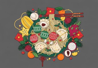 Flat illustration showing fusion Asian festive food for holiday season