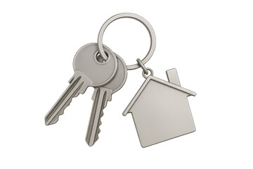 House keys with home shape keychain representing real estate, property ownership, buying, selling, and mortgage