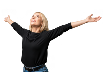 A happy middleaged woman with arms outstretched, looking up with a smile, isolated on transparent background