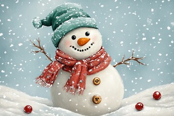 Snowman with green hat and red scarf in snowfall on blue winter backdrop