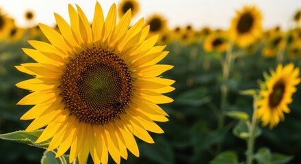 A vibrant sunflower in a field of sunflowers with a blurred background.