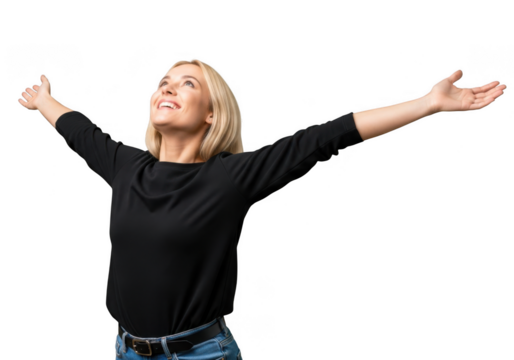 A happy middleaged woman with arms outstretched, looking up with a smile, isolated on transparent background