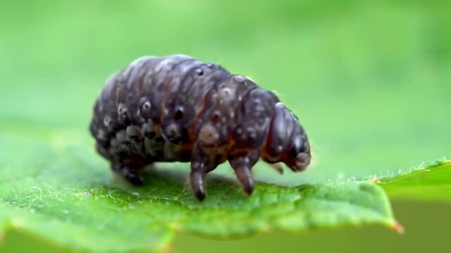 Macro Photography of a Caterpillar Crawling on a Green Leaf, Insect Life Cycle Time Lapse