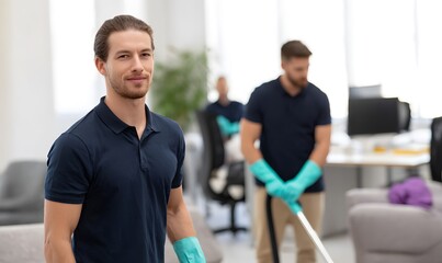  clean office, professional team of window and floor cleaning service workers in dark navy polo shirts and pastel teal gloves vacuuming white floors