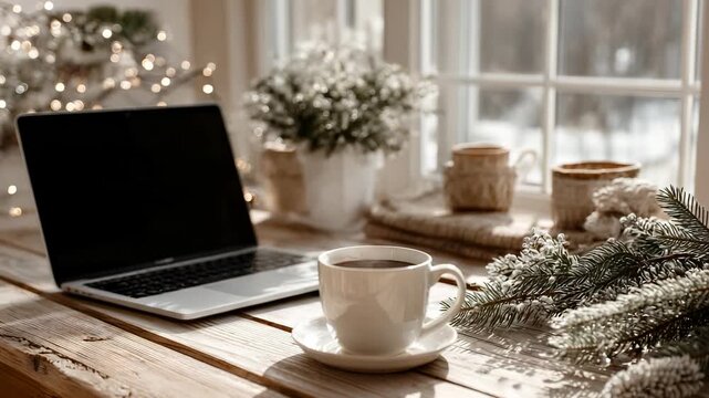 Cozy Winter Workspace: Laptop, Coffee, and Festive Decorations on a Rustic Wooden Desk by a Bright Window
