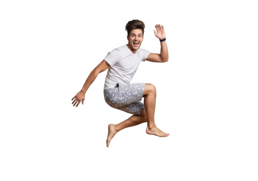 Young man jumping and waving happily isolated on transparent background