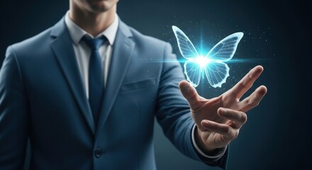 A businessman in a suit holding a digital butterfly.