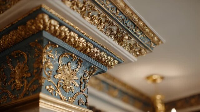 Ornate Ceiling Detail with Gold Leaf Accents and Blue Paint, Decorative Cornice Molding, Luxury Interior Design