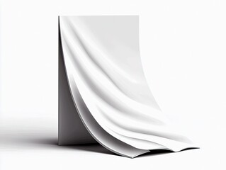 A minimalist composition featuring abstract white forms that resemble flowing fabric or paper sheets, set against a clean white backdrop.