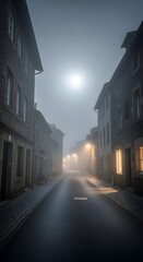 A quiet, foggy street scene at night with dimly lit buildings and a bright moon illuminating the misty atmosphere