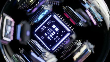 Computer chips, microchips, and technology components glowing against dark backdrop. - Powered by Adobe