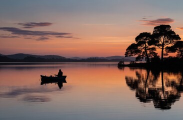 Silhouette of a lone fisherman in a small boat on tranquil water at sunset, surrounded by trees and mountains, creating a serene and peaceful atmosphere with reflections