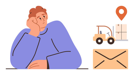 Pensive individual rests head on hand while contemplating delivery topics. Nearby, a forklift, stacked parcels, envelope, and location pin symbolize logistics and supply chain. Ideal for planning