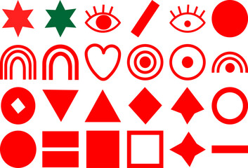 Collection of Various Geometric Shapes and Symbols in Red and Green