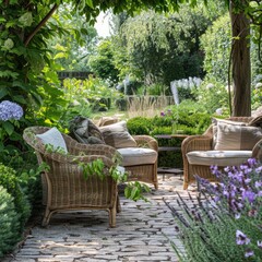 Elegant garden furniture on the terrace of a country house against the background of a green garden. A cozy outdoor seating area with wicker furniture.
