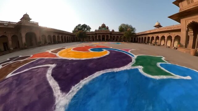 Colorful Rangoli design at Fatehpur Sikri, India. Beautiful architecture, travel.