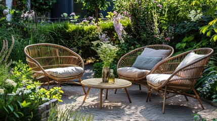Elegant garden furniture on the terrace of a country house against the background of a green garden. A cozy outdoor seating area with wicker furniture.