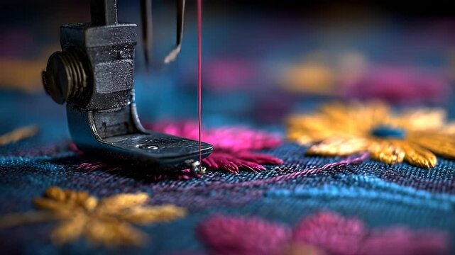 Close-up of Sewing Machine Embroidering Floral Pattern on Fabric, Crafting Detailed Textile Art with Pink Thread and Metallic Needle.