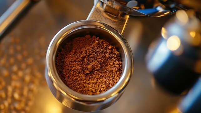 portafilter. Close-up of fresh ground coffee in a portafilter, coffee brewing preparation. bar promotions, beverage menus, designed for food & beverage menus and cafe branding, inspires menu design. - Powered by Adobe