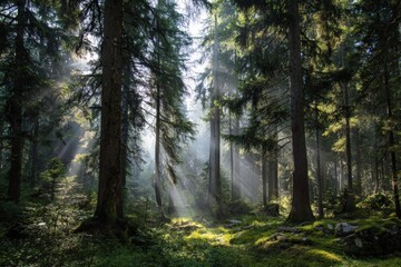 Sunlight filters through tall trees in a lush green forest, creating a serene atmosphere with beams of light illuminating the vibrant undergrowth and natural beauty of the woodland
