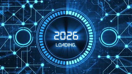 Digital countdown timer displays the year 2026 loading on a futuristic blue circuit board background with glowing nodes and lines - Powered by Adobe
