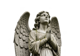 Stone angel statue with wings praying and looking up isolated on transparent background