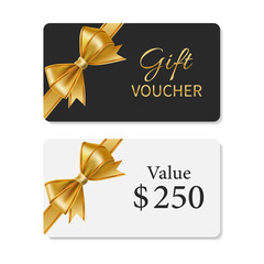 Golden voucher or gift card, golden discount certificate. A set of isolated gift coupon templates with ribbon and bow. Vector illustration