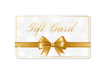 A gift voucher template with a gold realistic ribbon. Winter sale. Design an invitation, certificate, gift coupon, ticket or voucher.  Vector illustration.