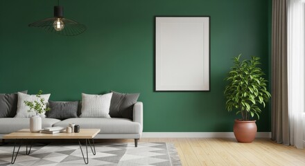 Modern living room with green accent wall, white sofa, and large indoor plant in a stylish home