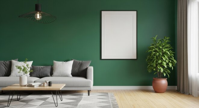 Modern living room with green accent wall, white sofa, and large indoor plant in a stylish home