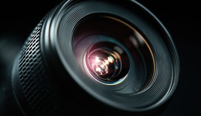 Close-up view of a professional camera lens showcasing intricate details, reflections, and textures, emphasizing the art of photography and capturing moments with precision and clarity