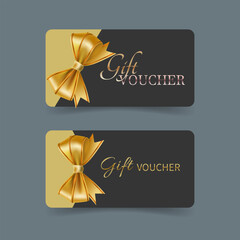 Golden voucher or gift card, golden discount certificate. A set of isolated templates for a gift coupon with a bow. Vector illustration