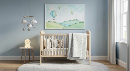 Cute nursery room decor with baby crib wall art and soft accessories for infants