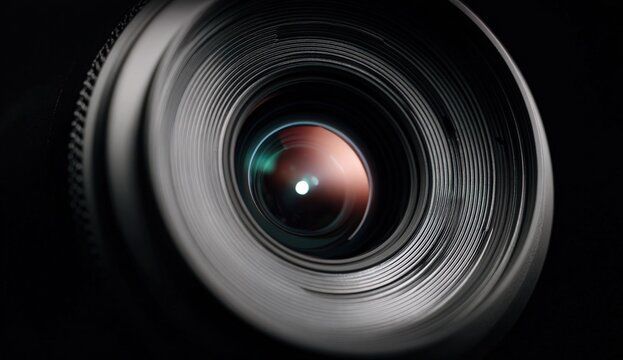 Close-up view of a professional camera lens showcasing intricate details, reflecting light, and emphasizing the craftsmanship of photography equipment in a dark environment