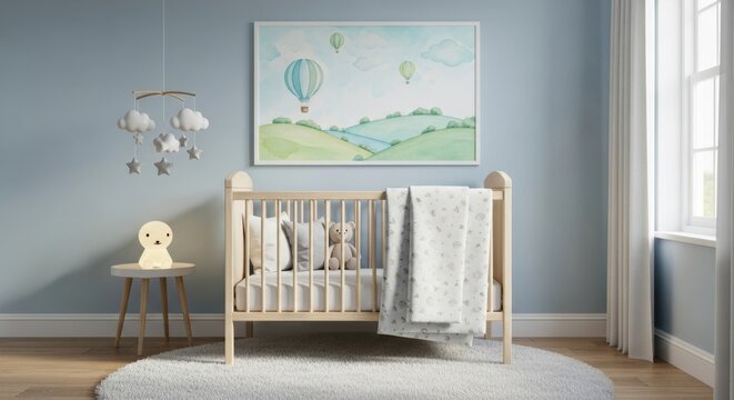 Cute nursery room decor with baby crib wall art and soft accessories for infants