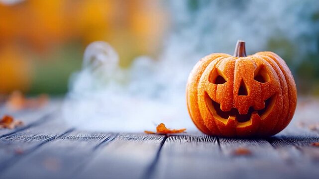 Halloween Pumpkin: The image portrays a classic carved jack-o'-lantern, emitting a subtle fog, set against a backdrop of autumnal foliage and a rustic wooden surface.