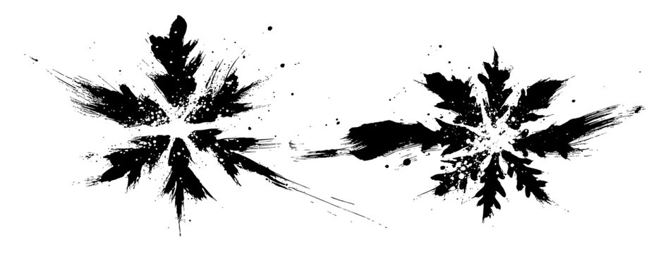 Brush painted snowflake illustrations with expressive ink splatter strokes for winter and festive seasonal design