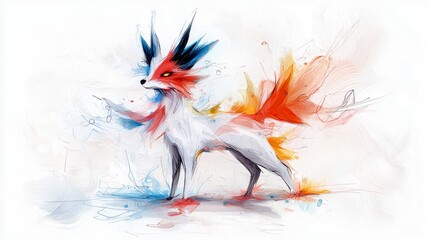 Obraz premium A stylized, abstract watercolor painting depicts a fox-like creature with sharp, spiky ears and a bushy tail, rendered in white with vibrant splashes of red, bl