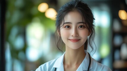 Graceful Healthcare: A compassionate healthcare provider looks into the lens, offering a calming smile and an invitation to wellness. She embodies empathy and commitment.