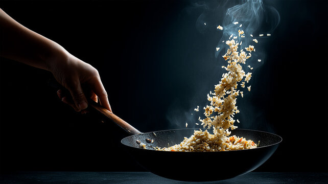 黒い背景で炒飯をあおる料理人の手元