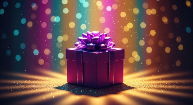 A vibrant, colorful gift box with a purple ribbon and bow against a multicolored, bokeh background.