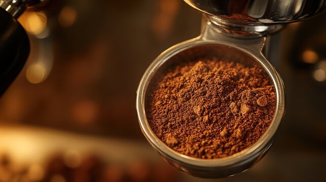 portafilter. Close-up of fresh ground coffee in a portafilter, coffee brewing preparation. bar promotions, beverage menus, designed for food & beverage menus and cafe branding, inspires menu design.